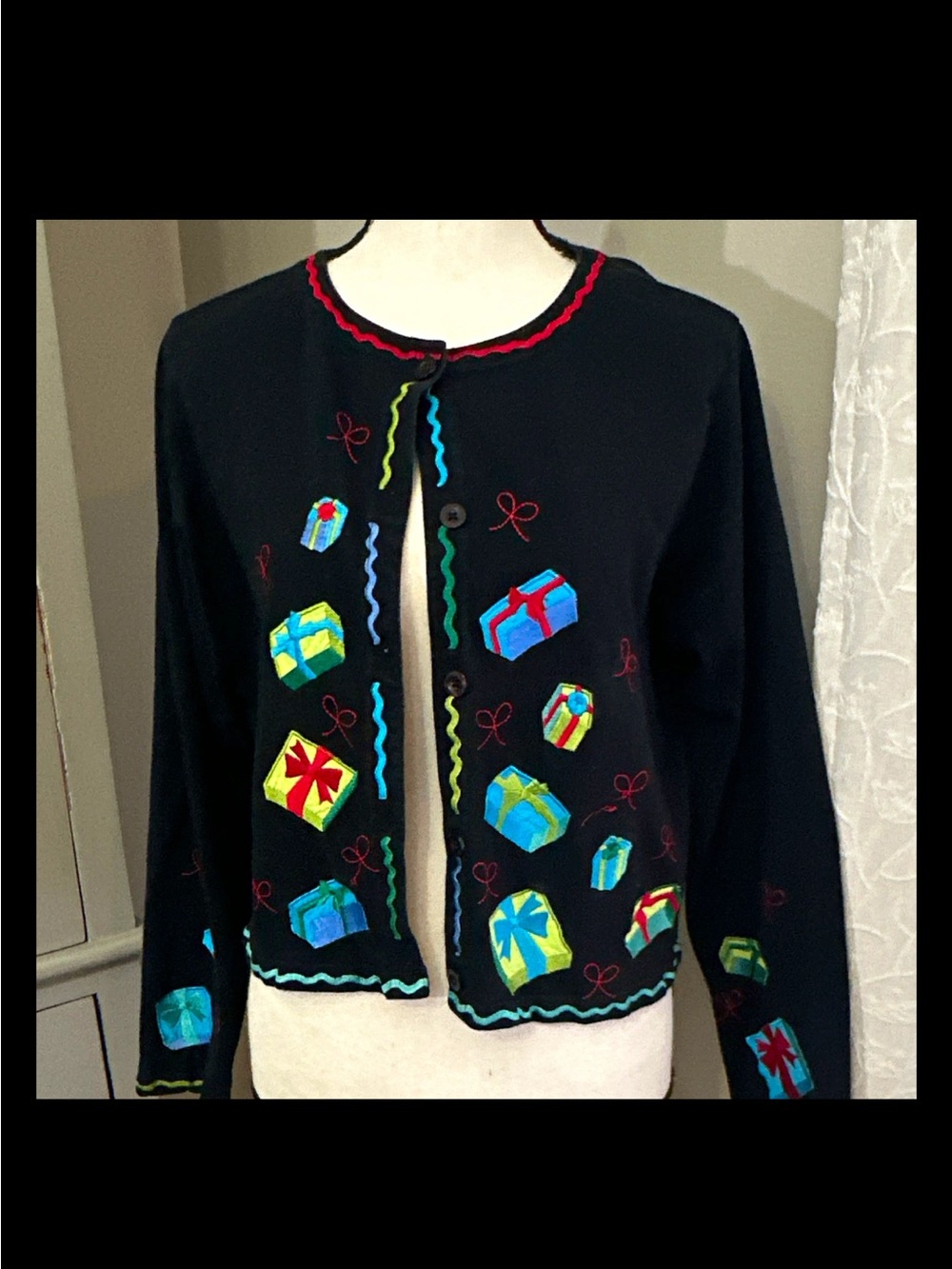 Black Embroidered Holiday Gift Cardigan Sweater